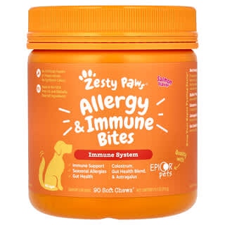 Zesty Paws, Allergy & Immune Bites, Para perros, Todas las edades, Salmón, 90 bocadillos masticables blandos, 315 g (11,1 oz)
