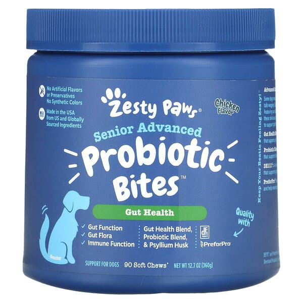 Zesty Paws, Advanced Probiotic Bites for Dogs, Gut Health, Senior, Chicken, 90 Soft Chews, 12.7 oz (360 g)