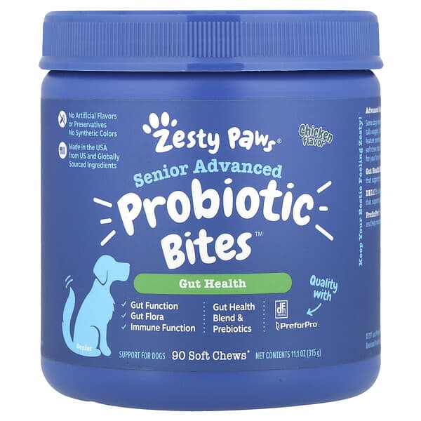 Zesty Paws, Senior Advanced Probiotic Bites™ สำหรับสุนัข ซีเนียร์ รสไก่ บรรจุเม็ดเคี้ยวแบบนิ่ม 90 เม