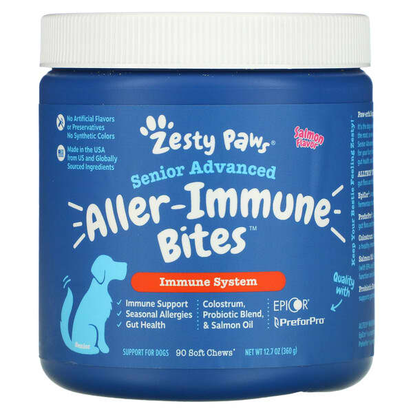 Zesty Paws‏, Advanced Aller-Immune Bites for Dogs, Immune System, Senior, Salmon Flavor, 90 Soft Chews, 12.7 oz (360 g)