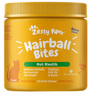 Zesty Paws, Hairball Bites، دعم صحة الأمعاء للقطط، مناسب لجميع الأعمار، نكهة اللحم المقدد، 60 قطعة طرية قابلة للمضغ