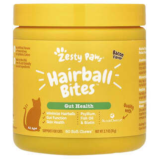 Zesty Paws, Hairball Bites，貓腸道健康配方，適合所有年齡段，培根味，60 片軟咀嚼片