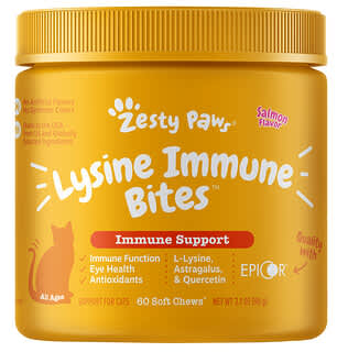 Zesty Paws, 賴氨酸機體抵抗幫助貓用零食，機體抵抗幫助，所有年齡段，鮭魚味，60 片軟咀嚼片，3.1 盎司（90 克）
