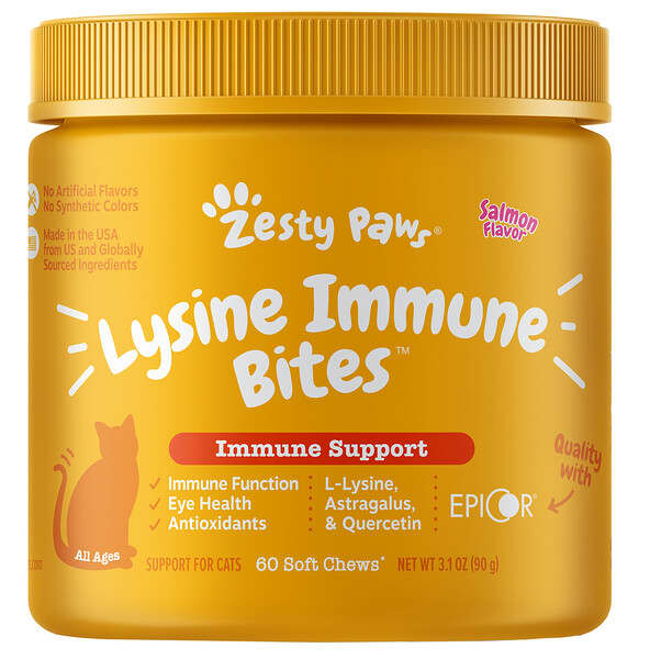 Zesty Paws‏, Lysine Immune Bites For Cats, Immune Support, All Ages, Salmon Flavor, 60 Soft Chews
