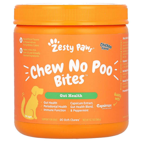 Zesty Paws, Chew No Poo Bites, Gut Health, For Dogs, Chicken , 90 Soft ...