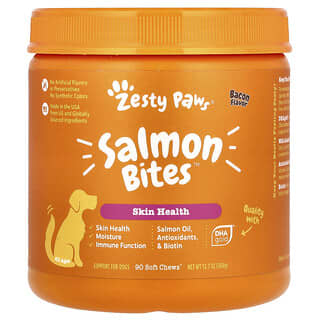 Zesty Paws, Bocaditos de salmón, Para perros, Todas las edades, Tocino, 90 bocadillos masticables blandos, 360 g (12,7 oz)
