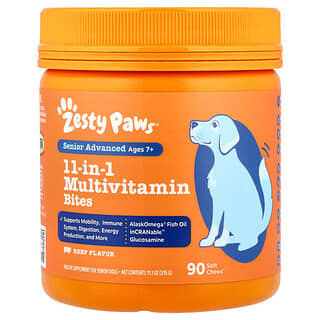 Zesty Paws, Senior Advanced, 11-in-1 multivitaminebrokjes voor honden, rundvlees, 90 zachte kauwtabletten, 315 g