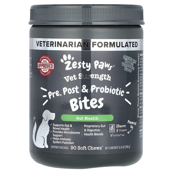 Zesty Paws, Vet Strength, Pre, Post &amp; Probiotic Bites, For Dogs, All Ages, Chicken and Harvest Vegetable, 90 Soft Chews, 12.6 oz (360 g)