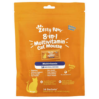 Zesty Paws, Mousse multivitamínico 8 en 1 para gatos, Todas las edades, Pollo, 14 sobres, 6 g (0,2 oz) cada uno