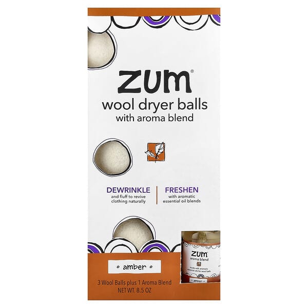 ZUM, Bolas de Secagem de Lã com Mistura de Aroma, Âmbar, 3 Bolas de Lã mais 1 Mistura de Aroma, 8,5 oz