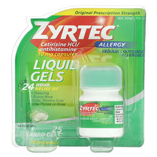 Zyrtec, 致敏症，鹽酸西替利嗪，10 毫克，25 粒液體凝膠
