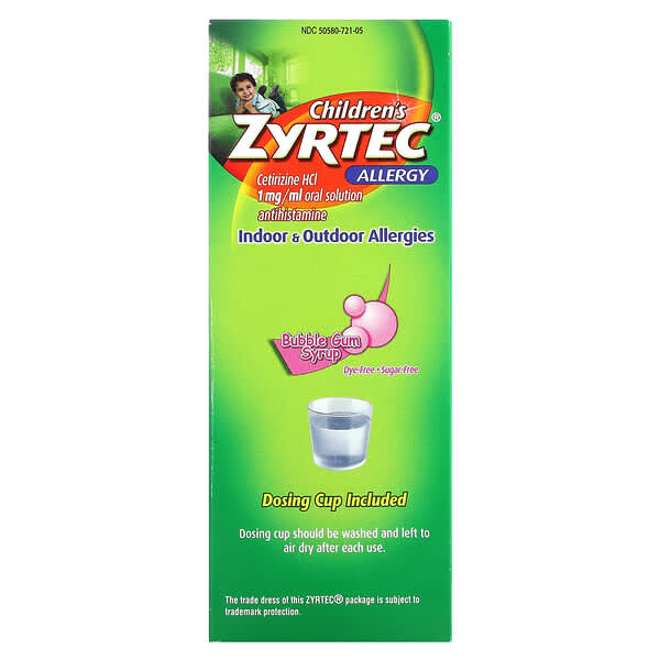 Zyrtec, น้ำเชื่อมบรรเทาอาการแพ้สำหรับเด็ก 2 ปีขึ้นไป รสบับเบิ้ลกัม 5 มก. ขนาด 4 ออนซ์ (118 มล.)