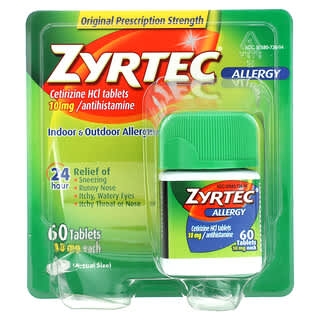 Zyrtec, Suplemento contra la alergia, Clorhidrato de cetirizina, 10 mg, 60 comprimidos