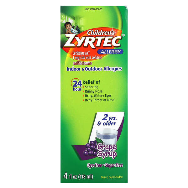 Zyrtec, น้ำเชื่อมบรรเทาอาการภูมิแพ้สำหรับเด็ก 2+ รสองุ่น 5 มก. ขนาด 4 ออนซ์ (118 มล.)