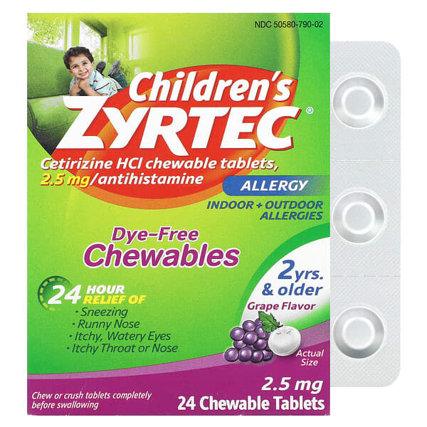 Zyrtec, Children's Allergy ปราศจากสีย้อมแบบเคี้ยว สำหรับเด็กอายุ 2 ปีขึ้นไป รสองุ่น ขนาด 2.5 มก. บรร