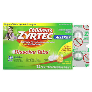 Zyrtec, Children's Allergy, Comprimidos que se disuelven, 6 años en adelante, Cítricos, 10 mg, 24 comprimidos que se desintegran por vía oral