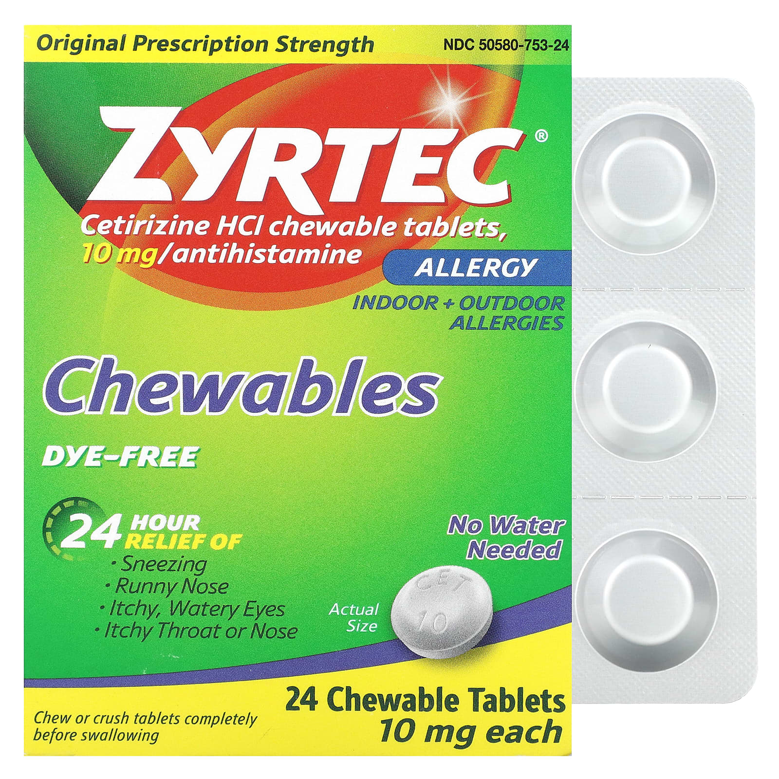 Zyrtec, Allergy, Cetirizine HCl, Dye-Free, 10 mg, 24 Chewable Tablets