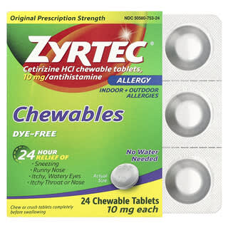 Zyrtec‏, "אלרגיה, Cetirizine HCI, ללא צבעים, 10 מ""ג, 24 טבליות לעיסות"