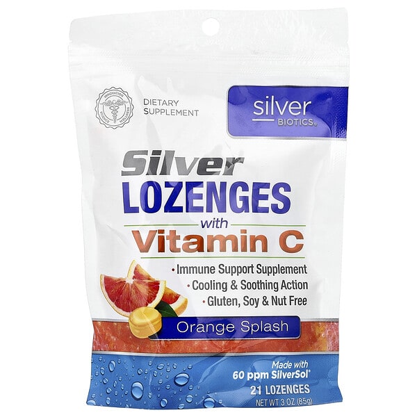 American Biotech Labs, Silver Biotics®, Silver Lozenges with Vitamin C, Orange Splash, 21 сорох шахмал, 3 oz (85 g)