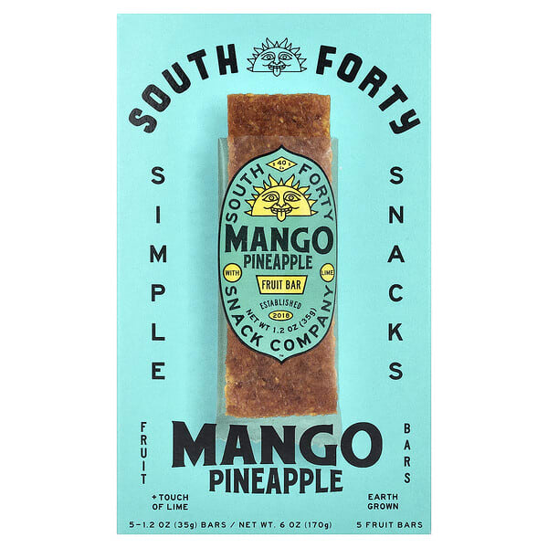 South Forty Snack Company, Fruit Bars, Mango Pineapple + Touch of Lime, 5 Bars, 1.2 oz (35 g) Each