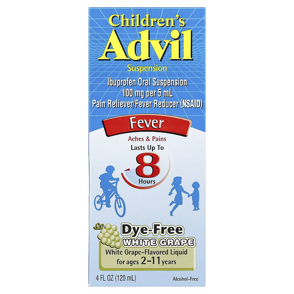 Advil, Хүүхдийн, Ibuprofen Oral Suspension, Fever, For Ages 2-11 Years, White Grape, 4 fl oz (120 ml) (Discontinued Item)