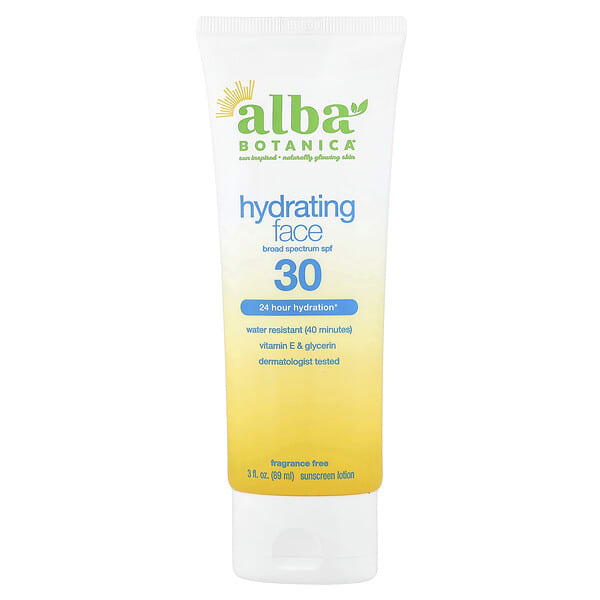 Alba Botanica, Hydrating Face Sunscreen Lotion, SPF 30, Fragrance Free, 3 fl oz (89 ml)