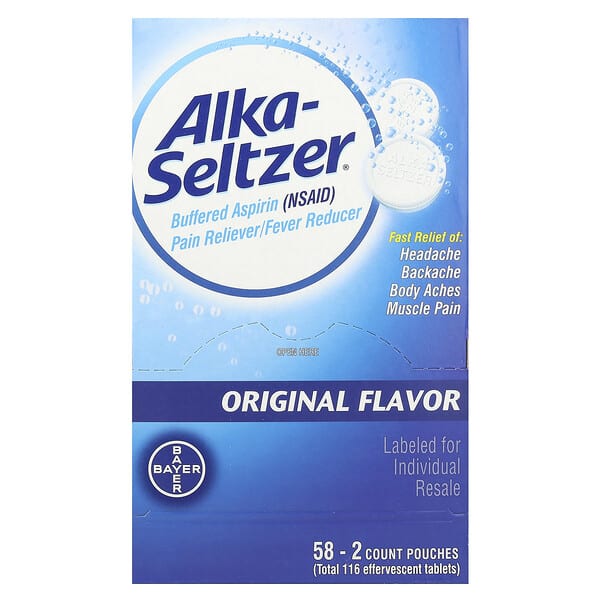 Alka-Seltzer, Buffered Aspirin (NSAID) Pain Reliever/Fever Reducer, Original, 325 мг, 58 Pouches, 2 Count Each