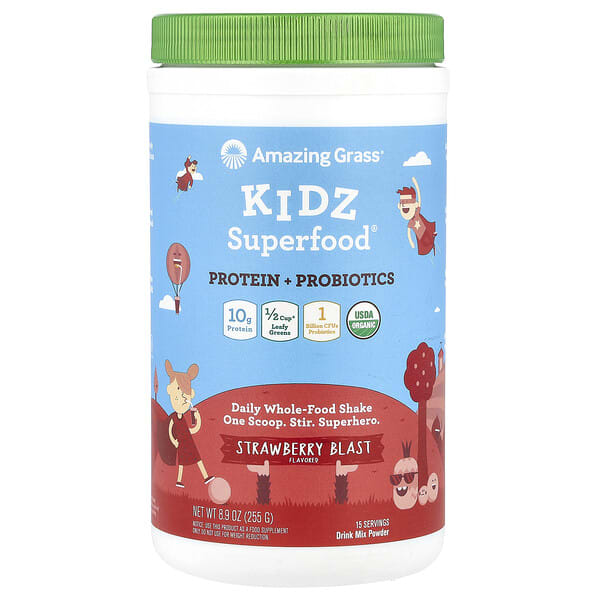 Amazing Grass, Kidz Superfood®, Уураг + Пробиотик, Strawberry Blast, 8.9 oz (255 g)
