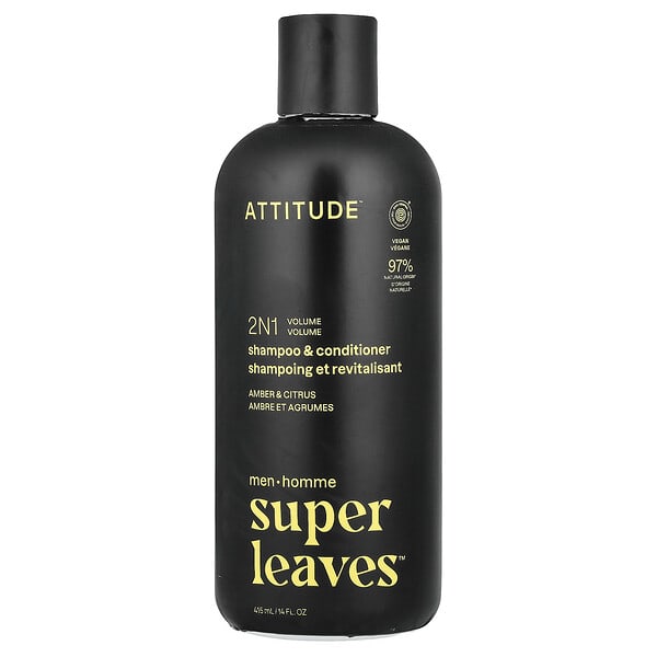 ATTITUDE, Super Leaves™, 2N1 Volume Shampoo & Conditioner, For Эрэгтэйчүүдийн, Amber & Citrus, 14 fl oz (415 ml)