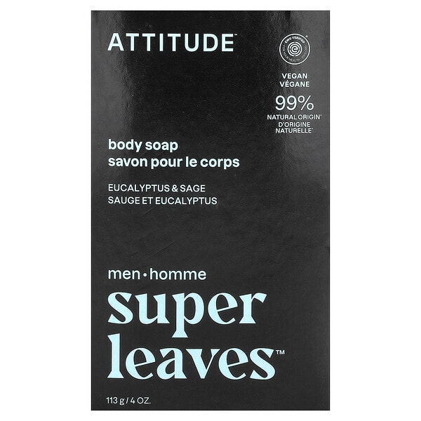 ATTITUDE, Super Leaves™, Body Bar Soap, For Эрэгтэйчүүдийн, Eucalyptus & Sage, 4 oz (113 g)