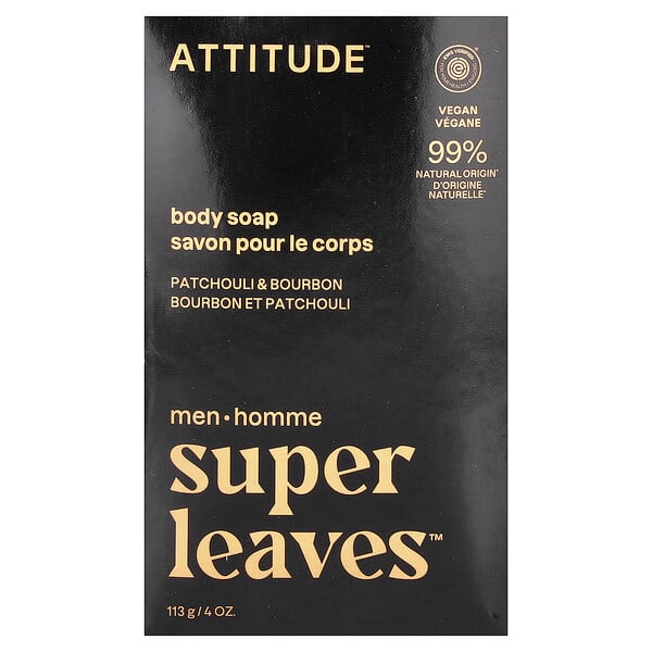 ATTITUDE, Super Leaves™, Body Bar Soap, For Эрэгтэйчүүдийн, Patchouli & Bourbon, 4 oz (113 g) (Discontinued Item)