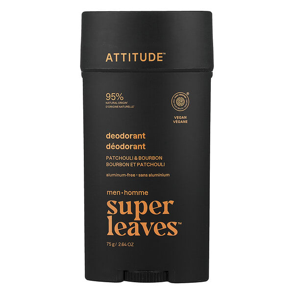 ATTITUDE, Super Leaves™, Aluminum-Free Deodorant, For Эрэгтэйчүүдийн, Patchouli & Bourbon, 2.64 oz (75 g)