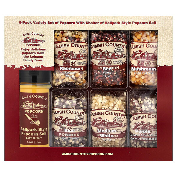 Amish Country Popcorn, Variety Set Popcorn with Shaker of Ballpark Style Popcorn Salt, 7 ширхэг