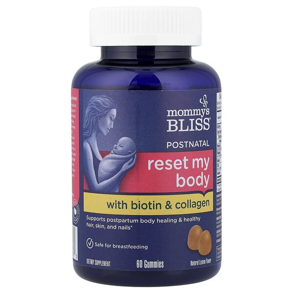 Mommy's Bliss, Postnatal, Reset My Body with Biotin & Collagen Gummies, байгалийн Lemon, 60 чихэр