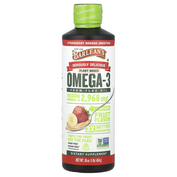 Barlean's, Seriously Delicious®, Plant Based Omega-3 From Flax Oil, Strawberry Banana Smoothie, 16 oz (454 g)