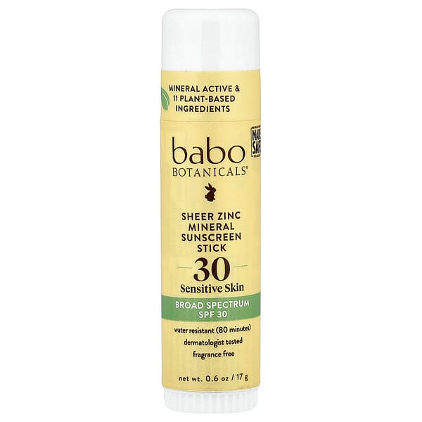 Babo Botanicals, Sheer Zinc Mineral Sunscreen Stick, Sensitive Skin, SPF 30, Fragrance Free, 0.6 oz (17 g) (Discontinued Item)