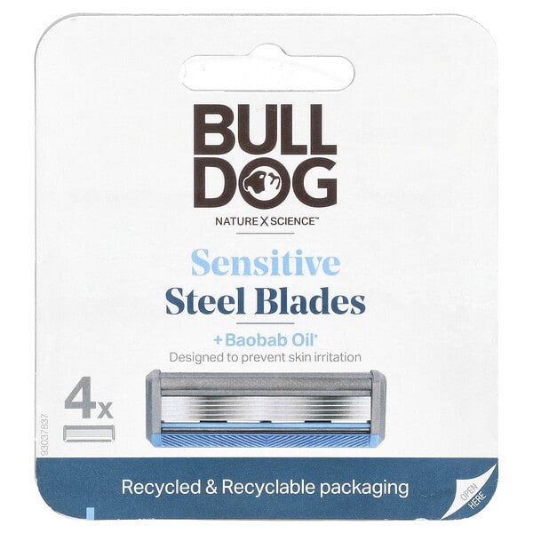 Bulldog Skincare For Men, Sensitive Steel Shaving Blades + Baobab Oil, 4 Cartridges