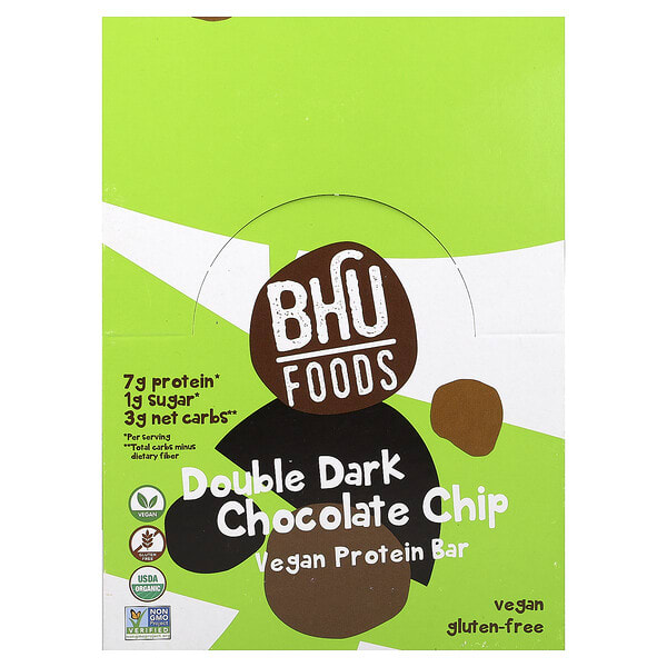 BHU Foods, Vegan Protein Bar, Double Dark Chocolate Chip, 12 Bars, 1.6 oz (45 g) Each (Discontinued Item)