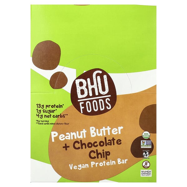 BHU Foods, Vegan Protein Bar, Peanut Butter + Chocolate Chip, 12 Bars, 1.6 oz (45 g) Each (Discontinued Item)