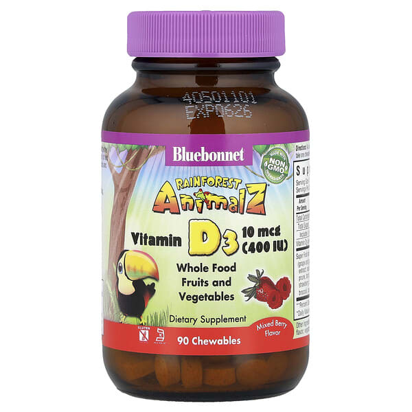 Bluebonnet Nutrition, Rainforest Animalz®, Витамин D3, Mixed жимс, 90 зажилдаг шахмал