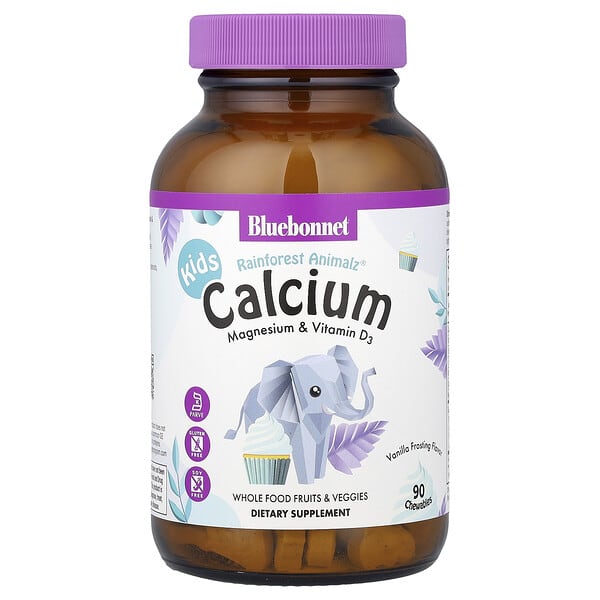 Bluebonnet Nutrition, Хүүхдийн, Rainforest Animalz®, Кальци Магни & Витамин D3, Vanilla Frosting, 90 зажилдаг шахмал