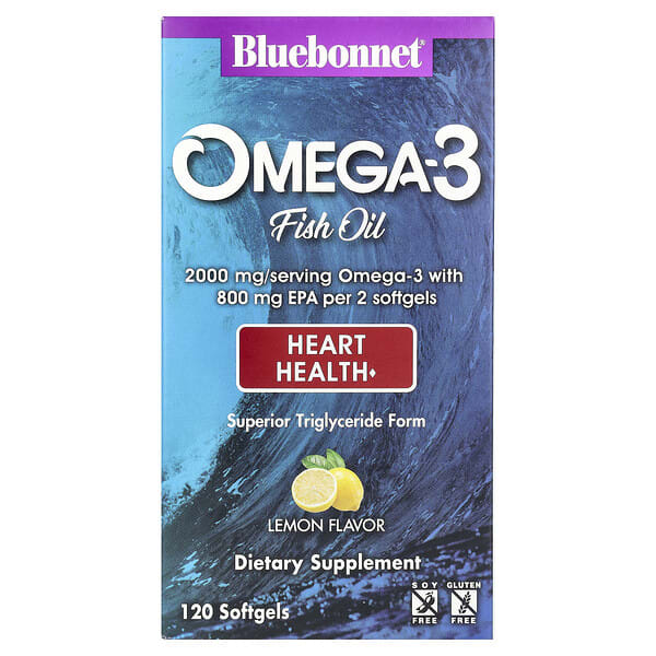 Bluebonnet Nutrition, Omega-3 загасны тос, Heart Health, Lemon, 120 зөөлөн капсул (1, 000 мг per зөөлөн капсул)