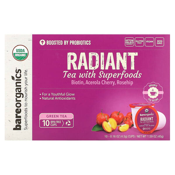 BareOrganics, Radiant, Tea with Superfoods, ногоон цай, 10 Cups, 0.16 oz (4.5 g) Each (Discontinued Item)