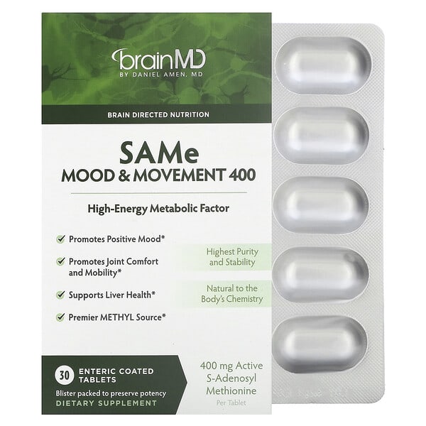 BrainMD, SAMe, Mood & Movement 400, 400 мг, 30 Enteric Coated шахмал