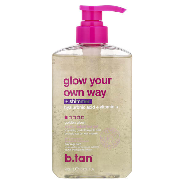 b.tan, Glow Your Own Way + Shimmer, Clear Gradual Tan Gel, Golden Glow, 16 fl oz (473  ml)