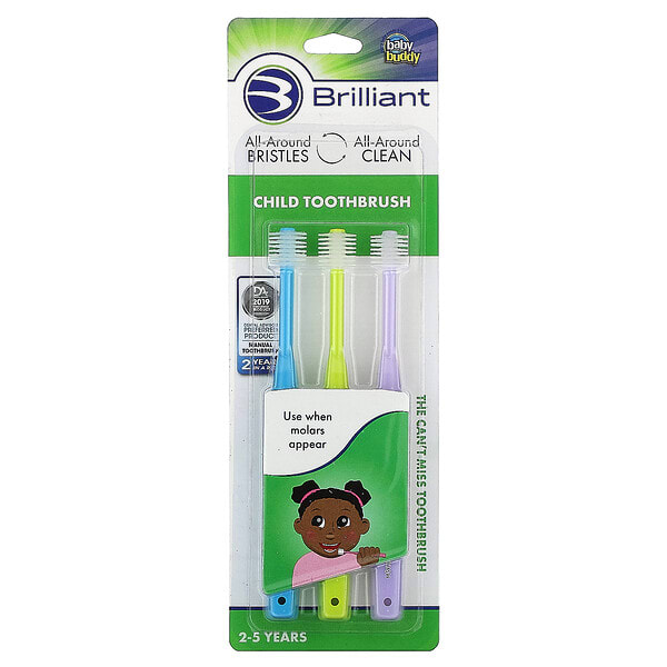 Baby Buddy, Brilliant, Child Toothbrush, 2-5 Years, Blue, Yellow, Purple, 3 Toothbrushes (Discontinued Item)