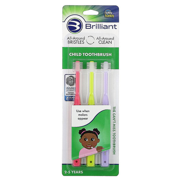 Baby Buddy, Brilliant, Child Toothbrush, 2- 5 Years, Pink, Yellow, Purple, 3 Toothbrushes (Discontinued Item)