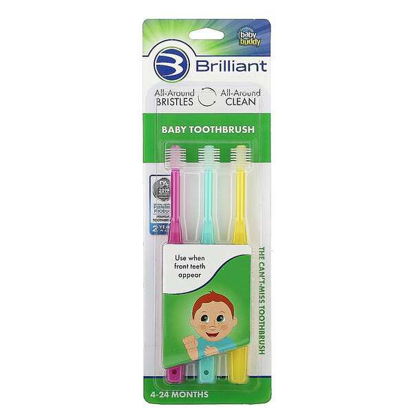 Baby Buddy, Brilliant, Baby Toothbrush, 4-24 Months, Pink, Mint, Yellow, 3 Toothbrushes (Discontinued Item)