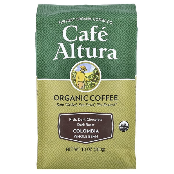Cafe Altura, Organic Coffee, Colombia, бүтэн Bean, Dark Roast, 10 oz (283 g)