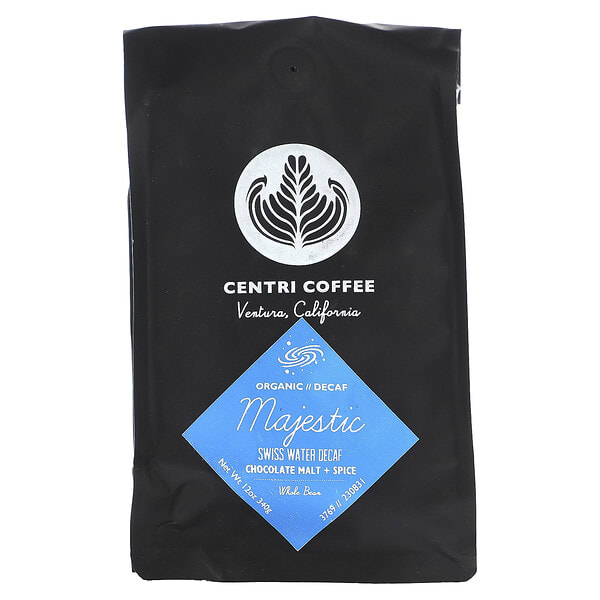 Centri Coffee, Centri Coffee, Organic Majestic, Chocolate Malt + Spice, бүтэн Bean, Decaf, 12 oz (340 g)
